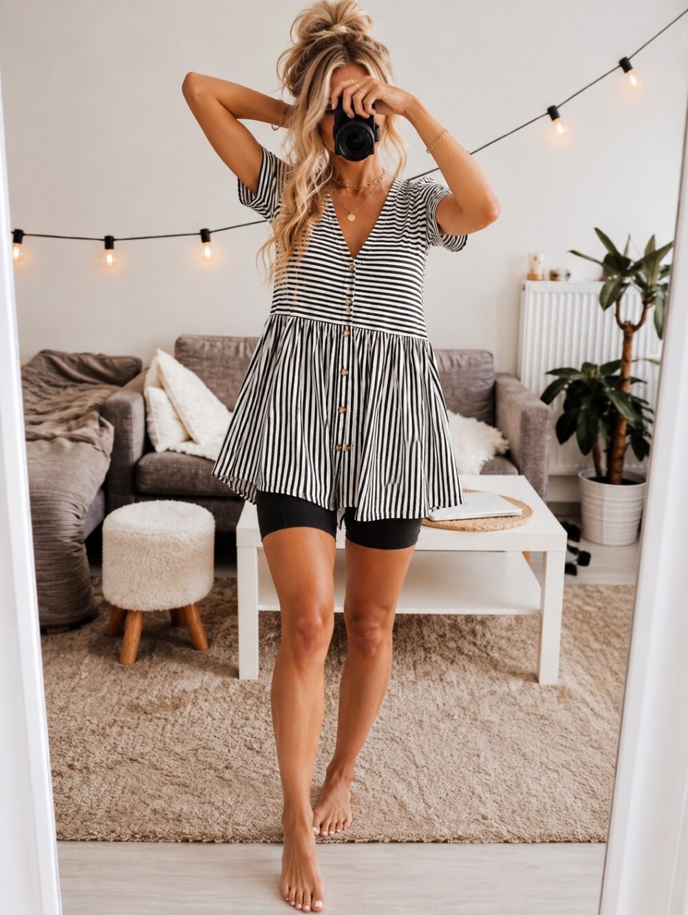 ASOS Black White Striped Button Front Babydoll Tunic Top US 4